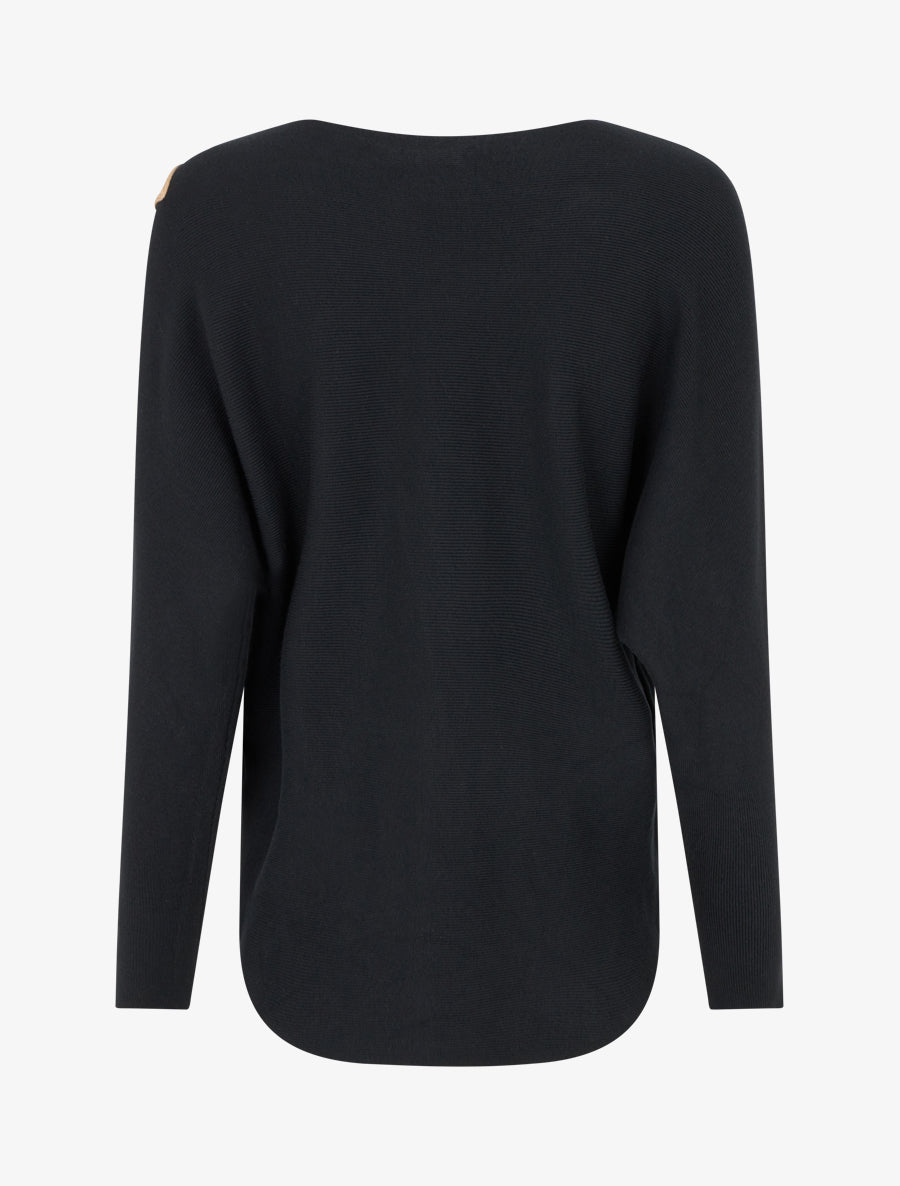 Pull uni à broderie fleur - Noir - 2