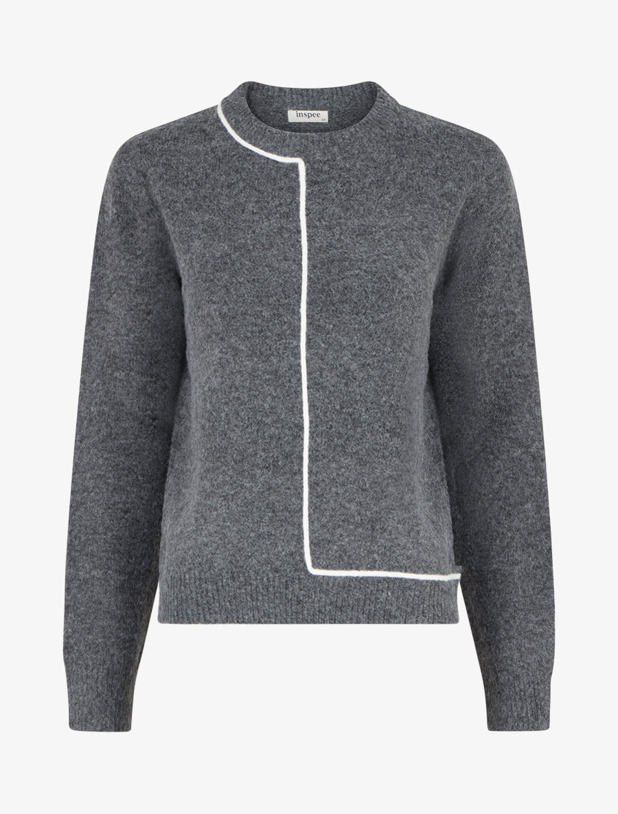 Pull droit à col rond et liseré contrastant - Gris - 1