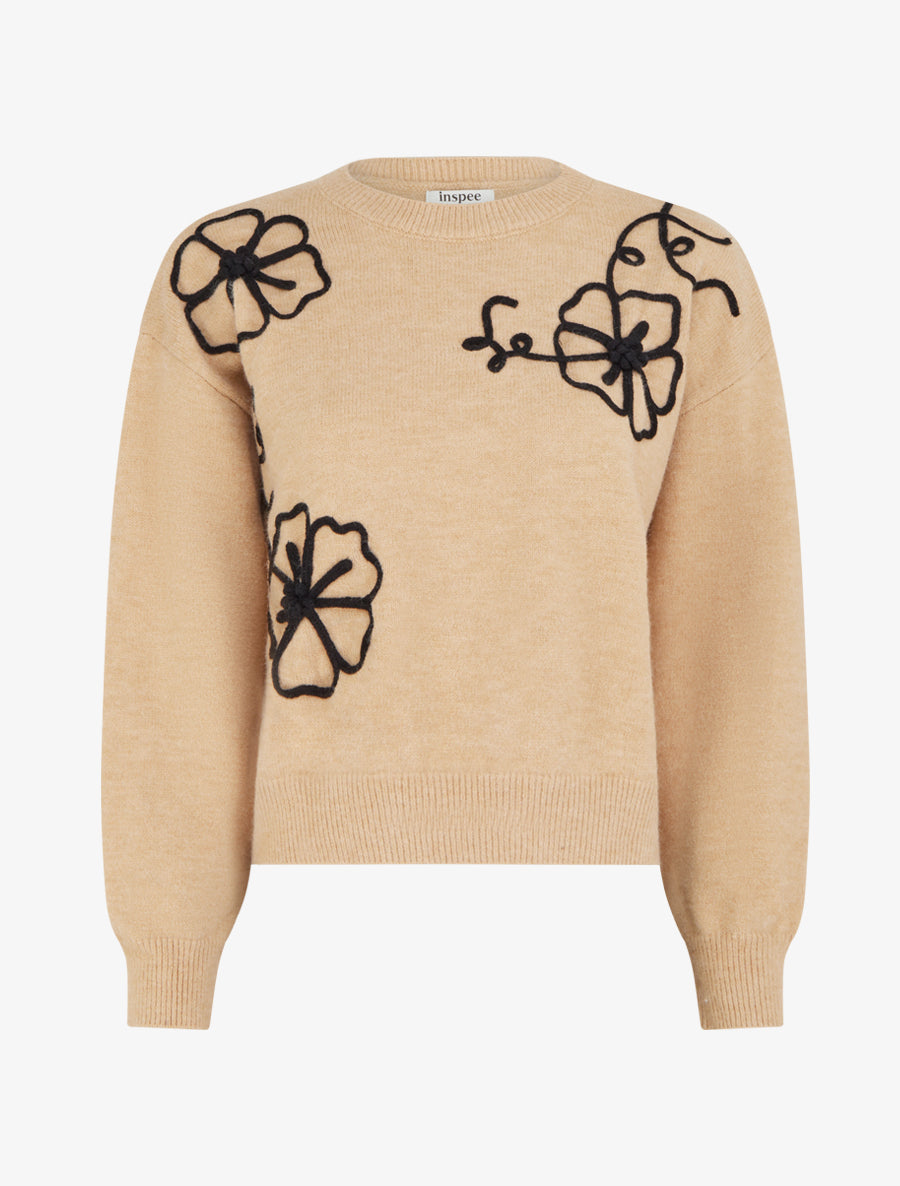 Pull en maille à broderies fleurs - Camel clair - 1