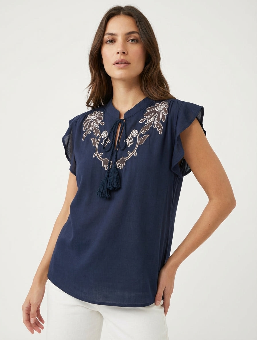 Besticktes Oberteil mit Rüschenärmeln - Marine