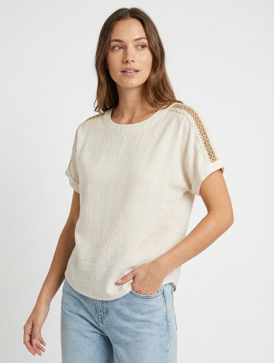 Kurzarm-Top mit Lochstickerei - Creme