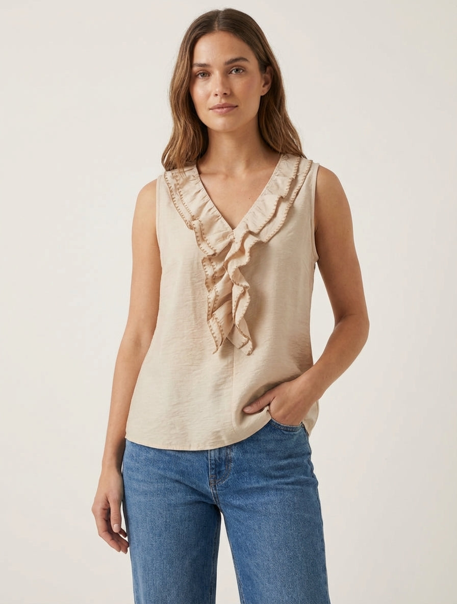Ärmelloses Oberteil mit Rüschen-V-Ausschnitt. - Beige