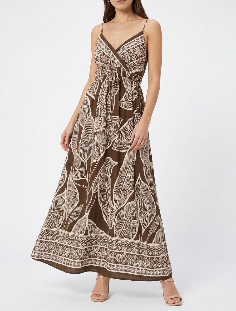 Langes Kleid mit stilisiertem Blätterdruck - Braun