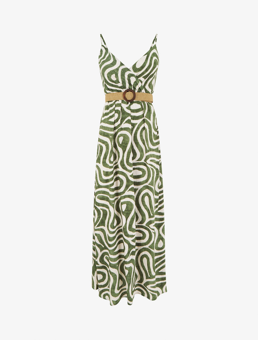 Robe longue évasée imprimé courbes fantaisies - Kaki - 1