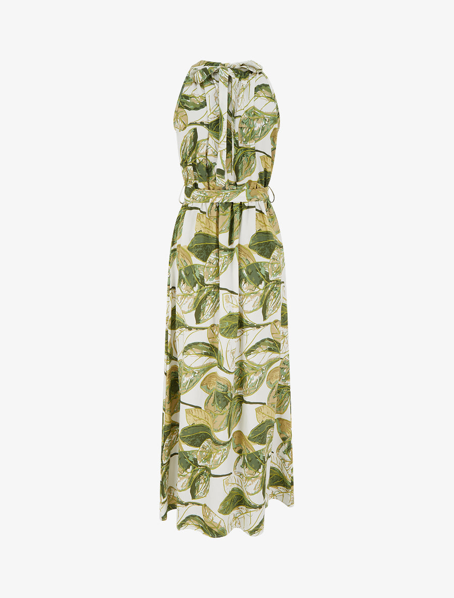 Robe longue élastiquée imprimé feuillage - Kaki - 2