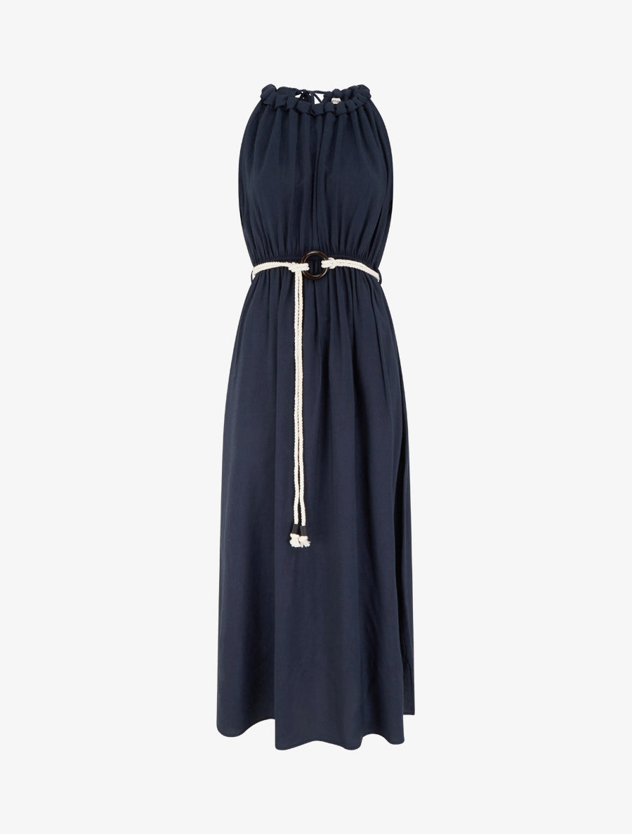 Robe longue unie à col rond stylisé - Marine - 1