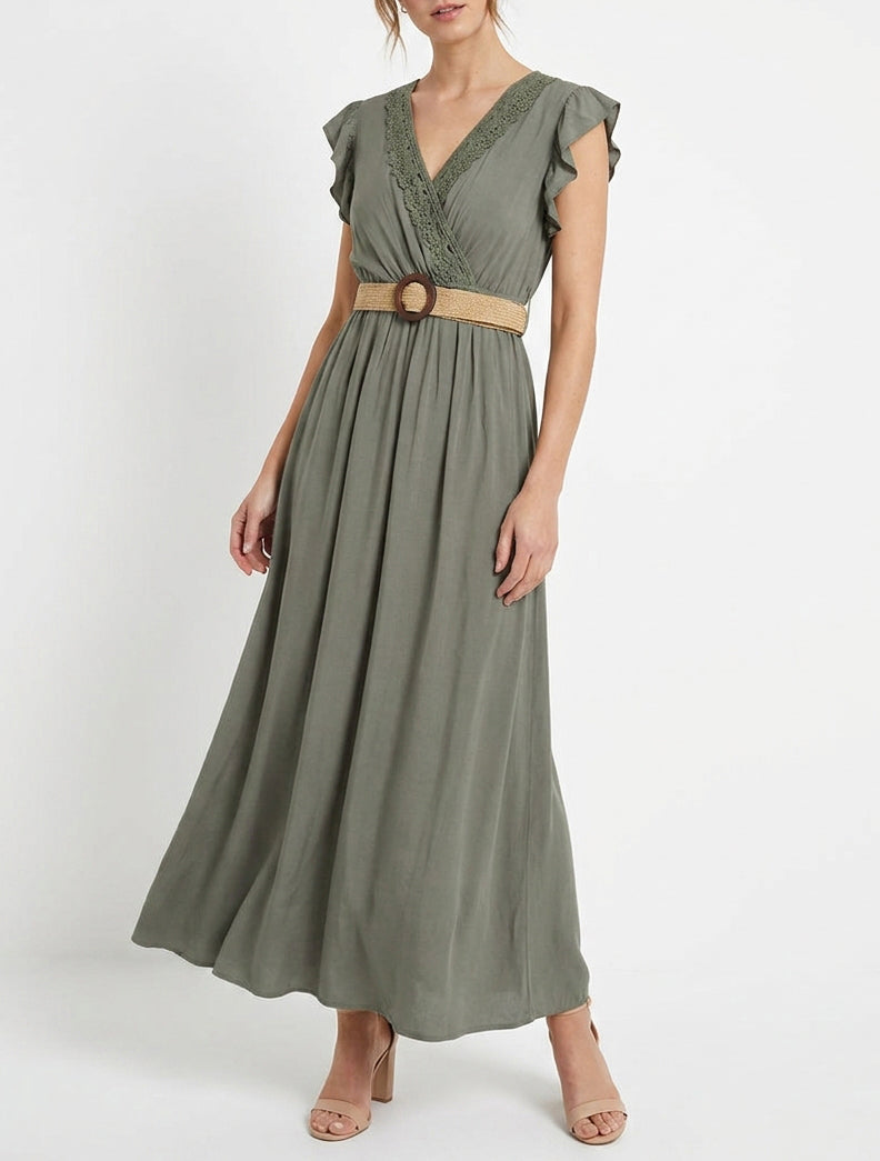 Langärmeliges Kleid mit Wickelausschnitt - Kaki