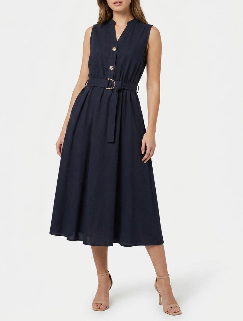 Langes einfarbiges Kleid in Leinenoptik - Marine
