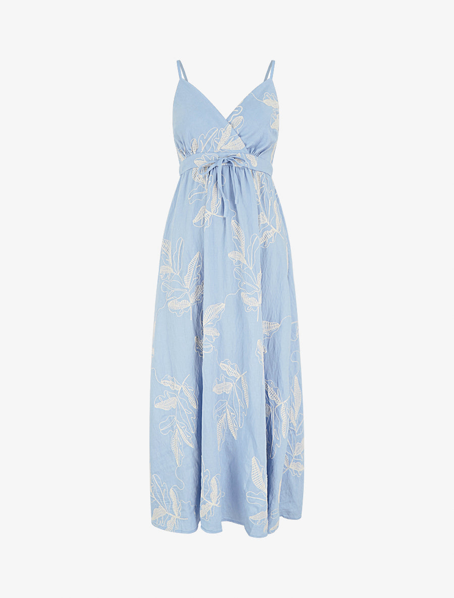 Robe longue empire à broderies feuilles stylisées - Bleu ciel - 1