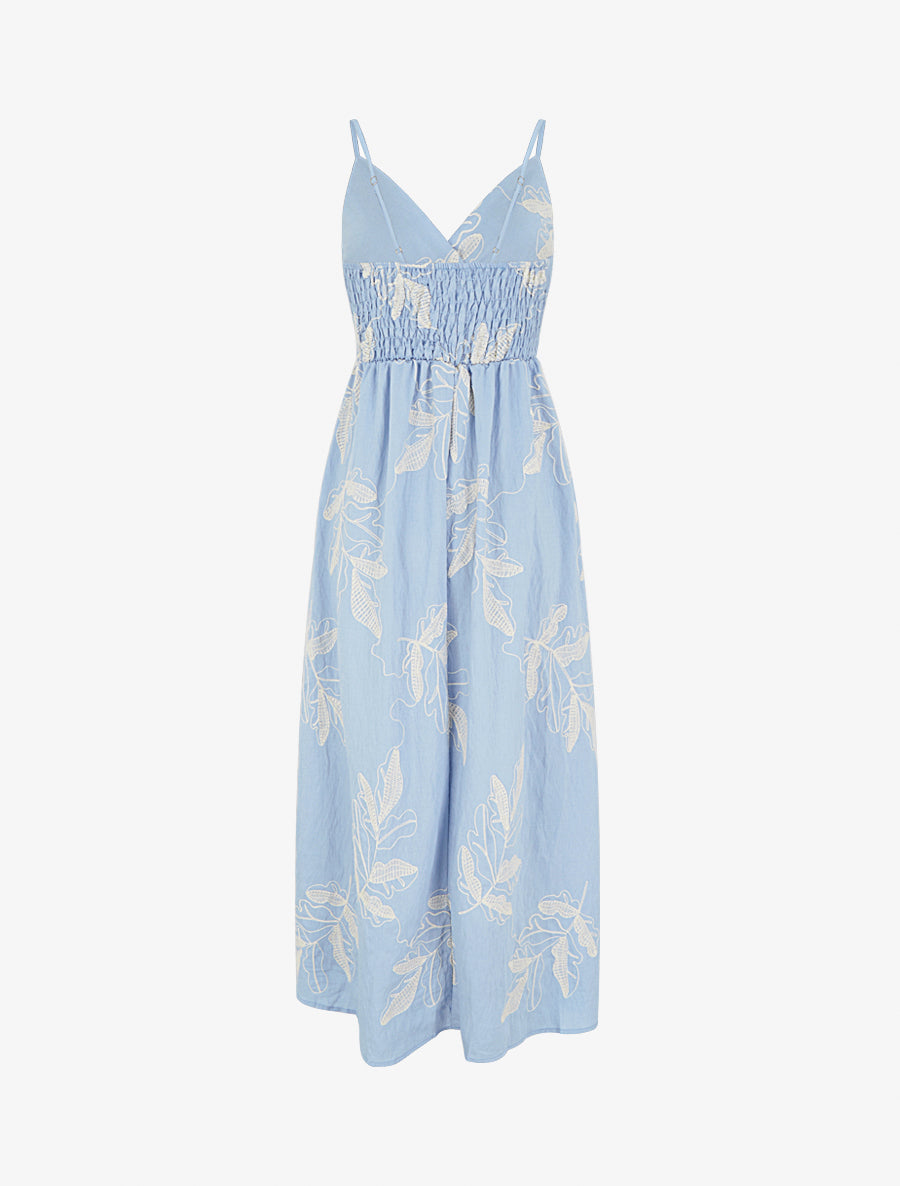 Robe longue empire à broderies feuilles stylisées - Bleu ciel - 2