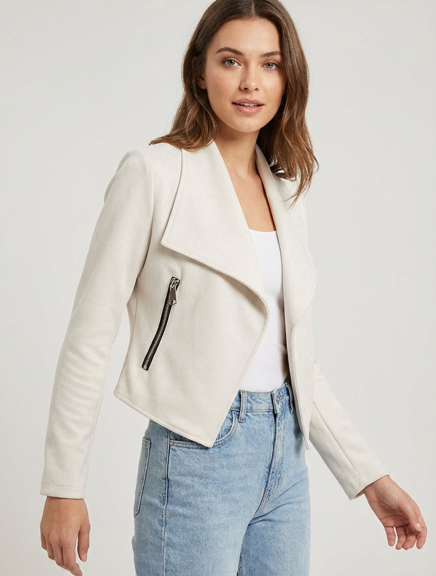 Jacke aus Wildlederimitat mit Schalkragen - Creme