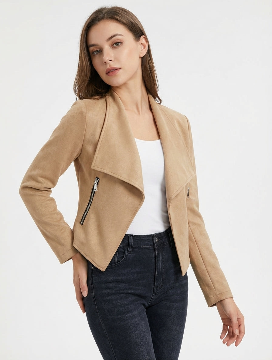 Jacke aus Wildlederimitat mit Schalkragen - Helles Kamel