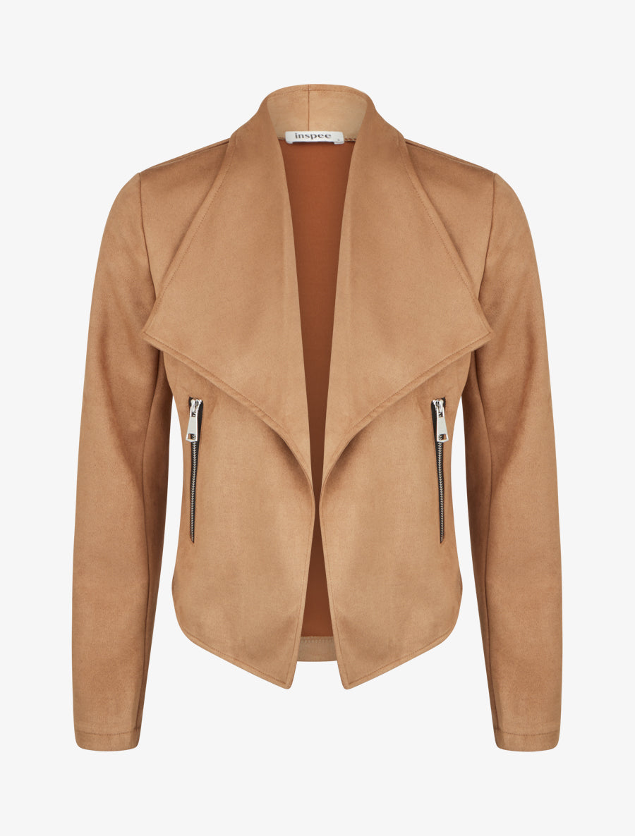 Jacke aus Wildlederimitat mit Schalkragen - Kamel