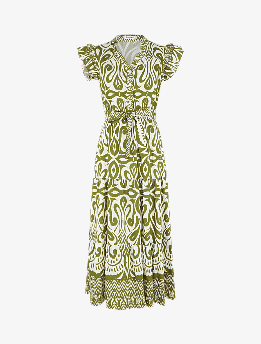 Robe longue graphique coupe évasée - Kaki - 1