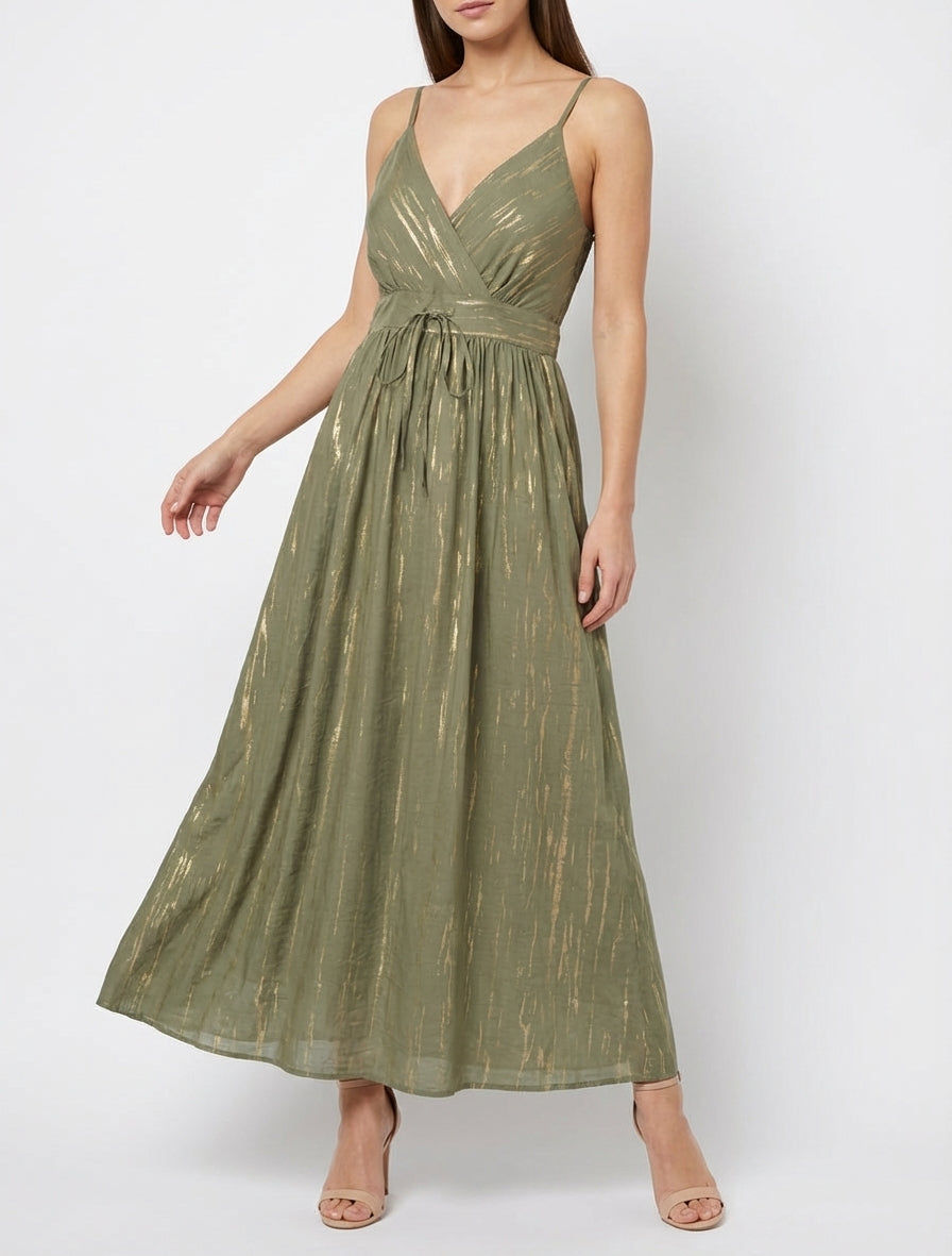 Einfarbiges elastisches Kleid mit schimmerndem Detail - Kaki