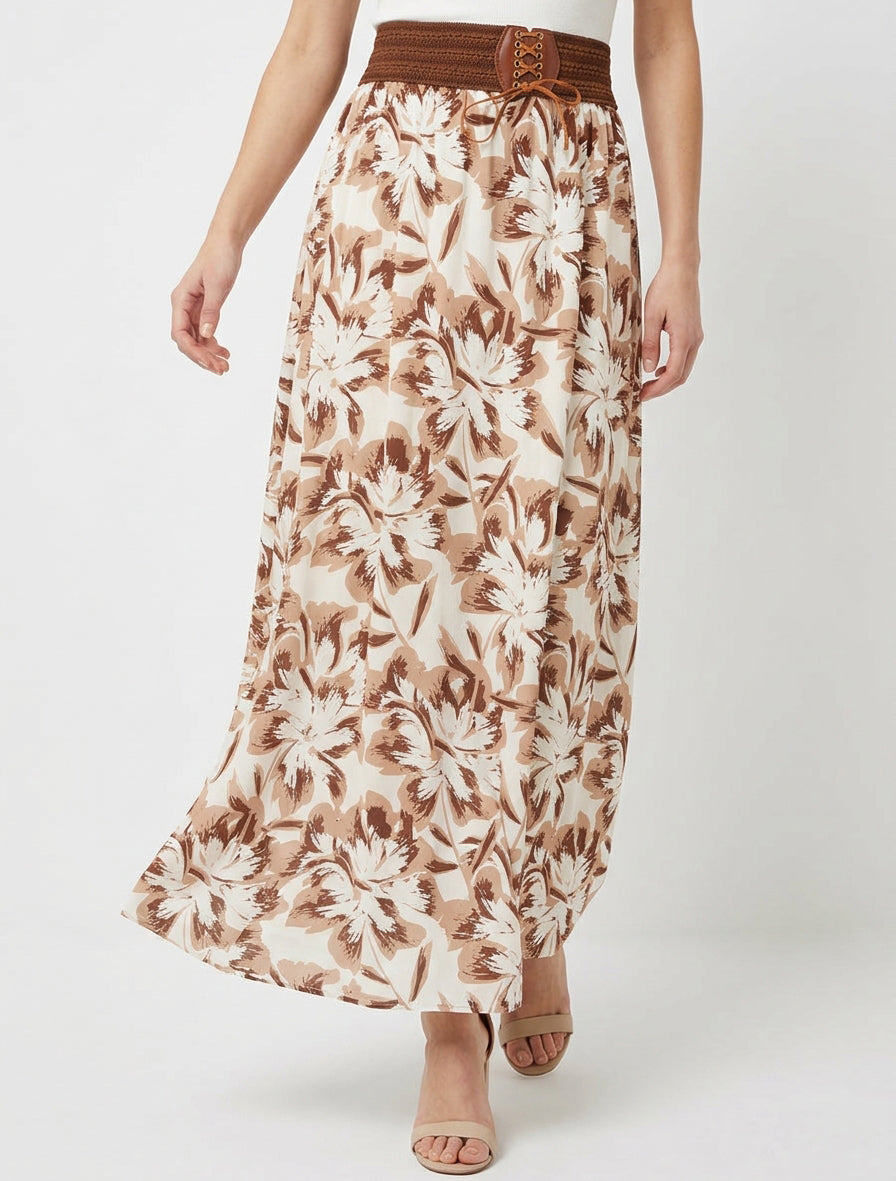 Langer Rock mit elastischem Bund und Blumenmuster - Braun