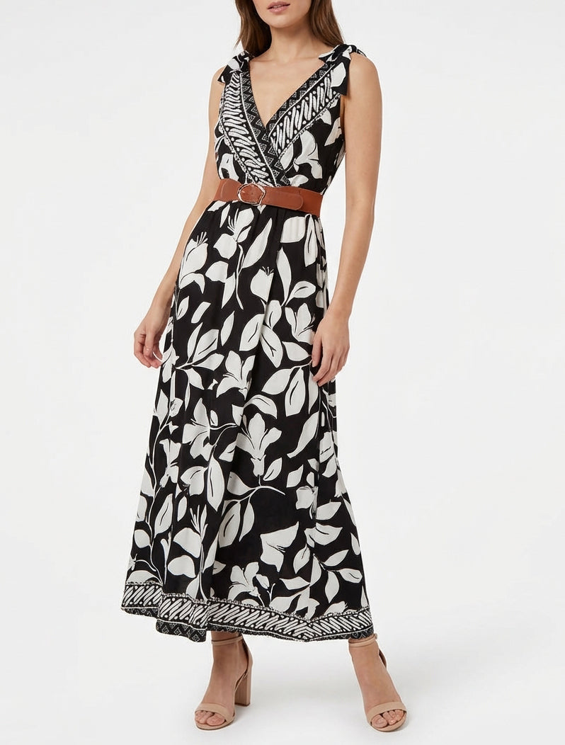 Kleid mit tropischem Blumenprint und Bindeträgern. - Schwarz