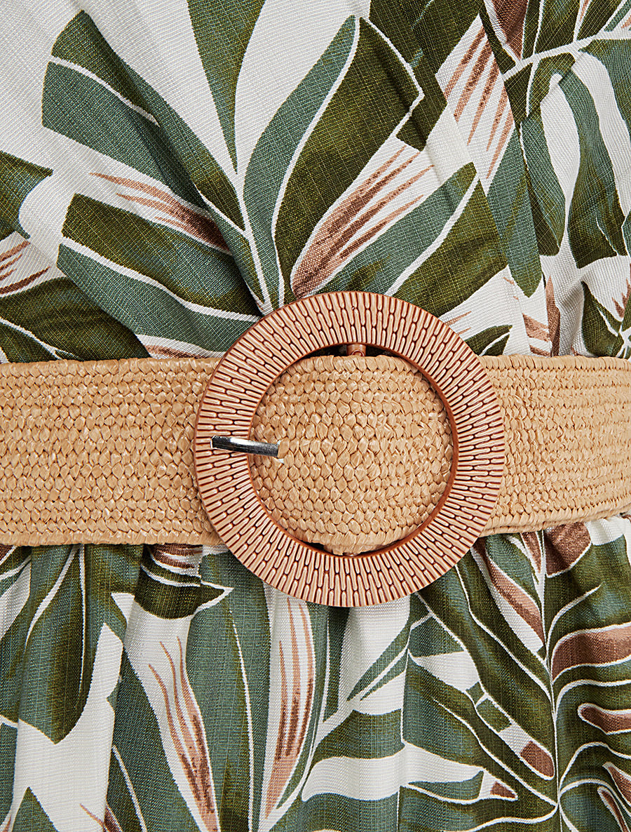 Robe longue évasée sans manches imprimé tropical - Kaki - 3