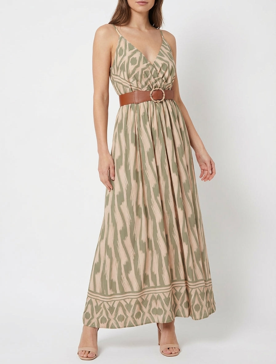 Kleid mit elastischer Taille und Fantasiemuster - Kaki