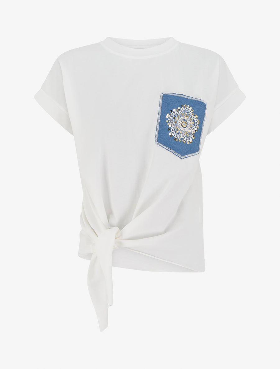 T-shirt à nouer à poche fantaisie - Blanc - 1