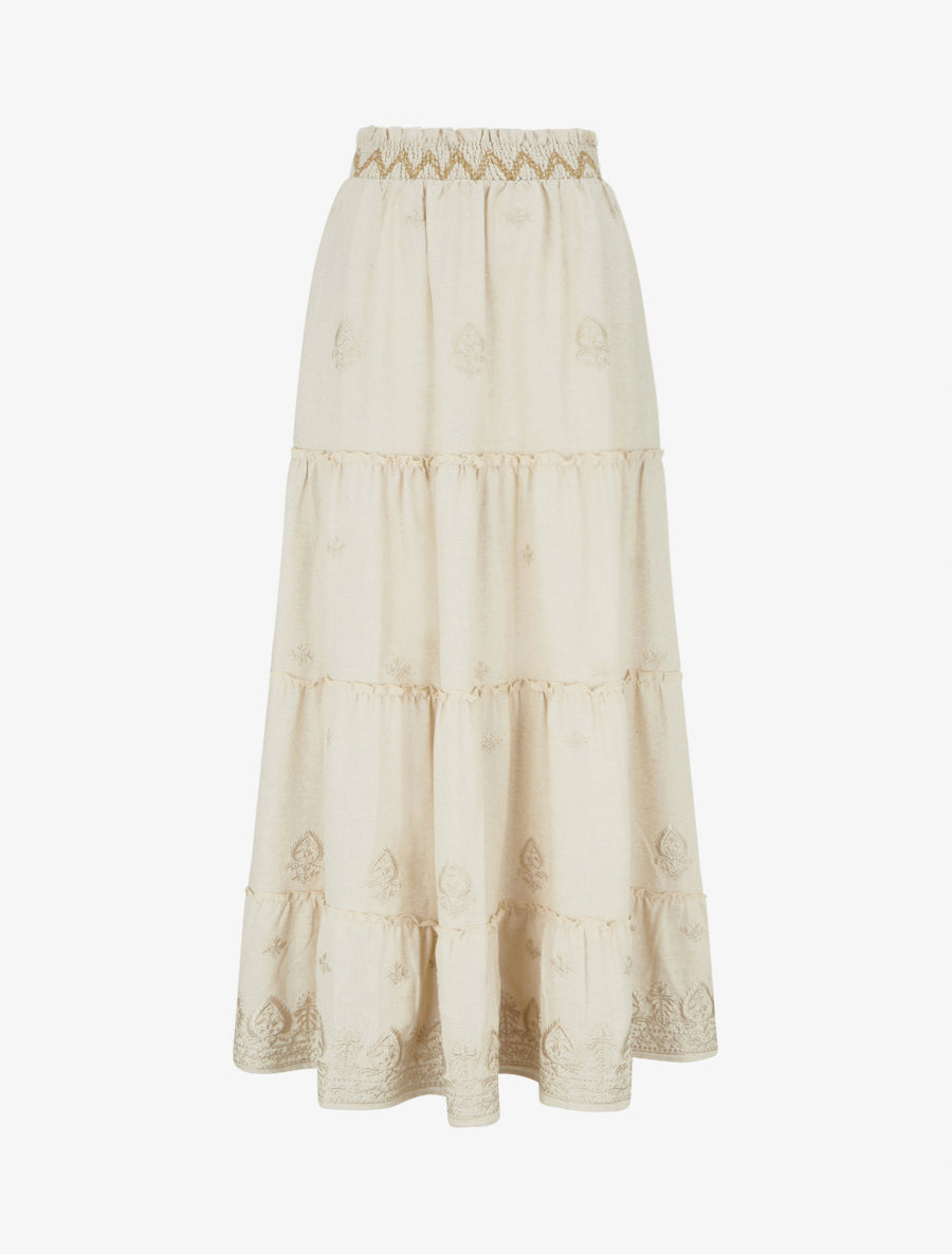 Jupe longue élastiquée à broderie - Beige - 1