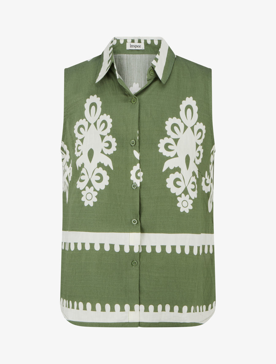 Chemise sans manches imprimé arabesques - Kaki - 1