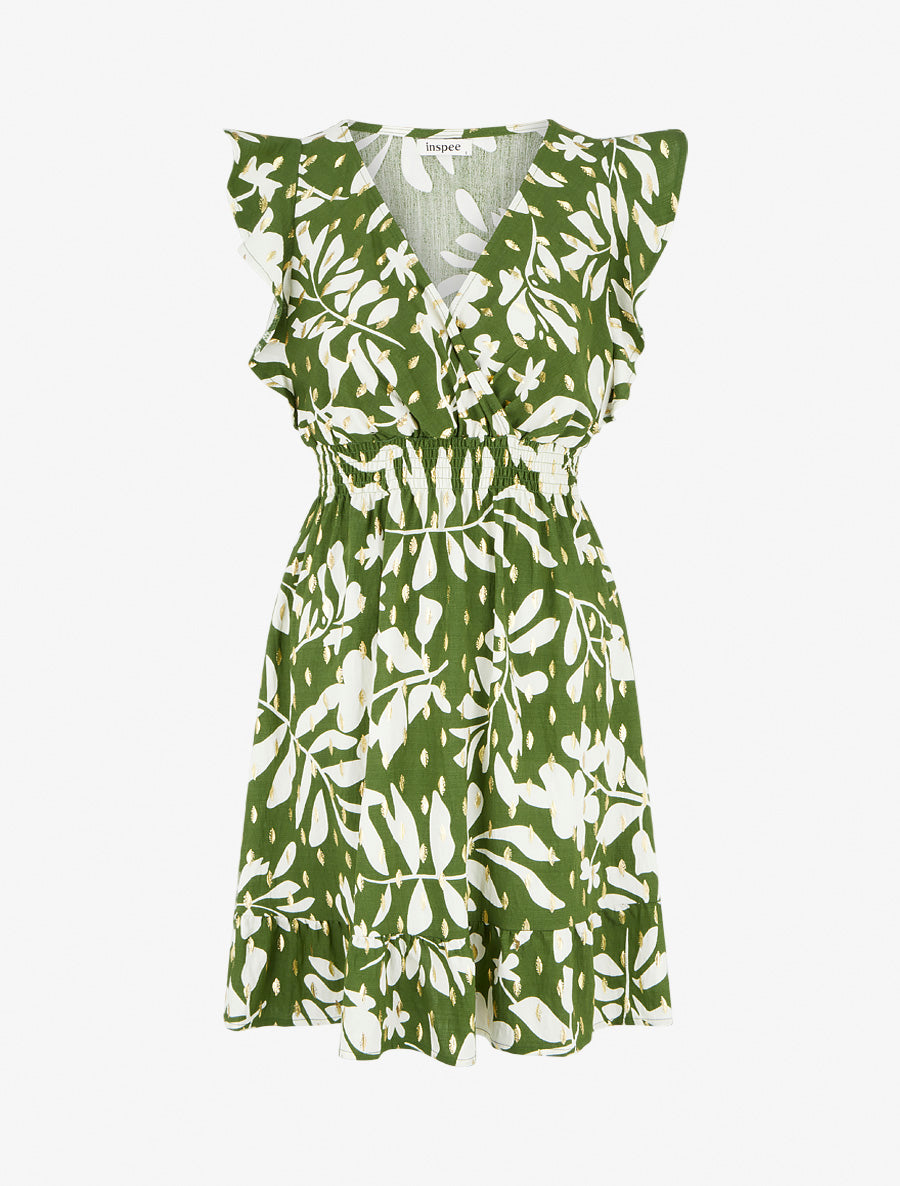 Robe imprimé feuillage à taille élastiquée - Kaki - 1