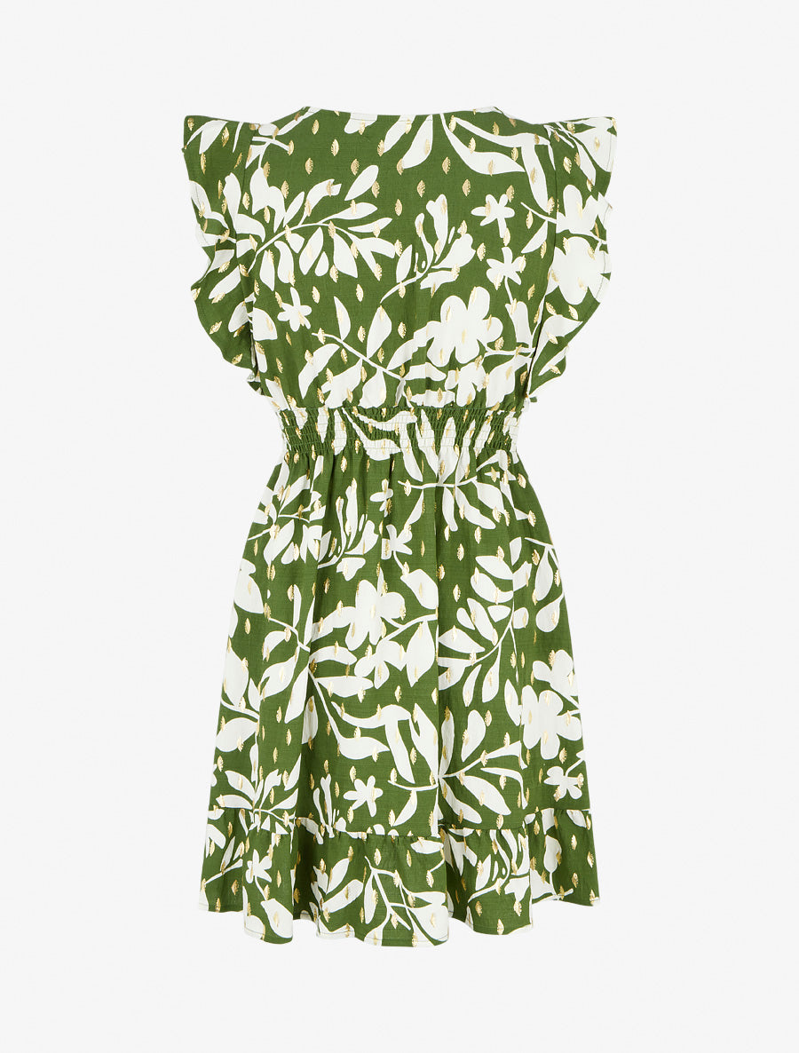 Robe imprimé feuillage à taille élastiquée - Kaki - 2