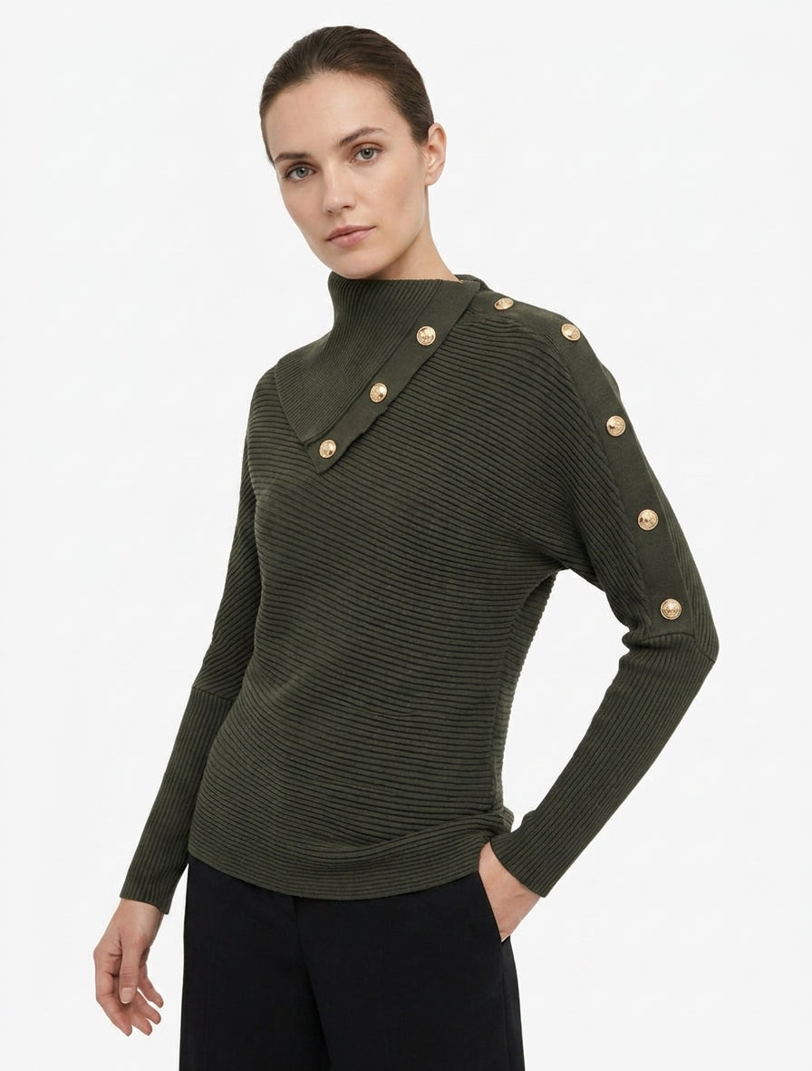 Einfarbiger Rollkragenpullover mit stylisiertem Kragen - Kaki