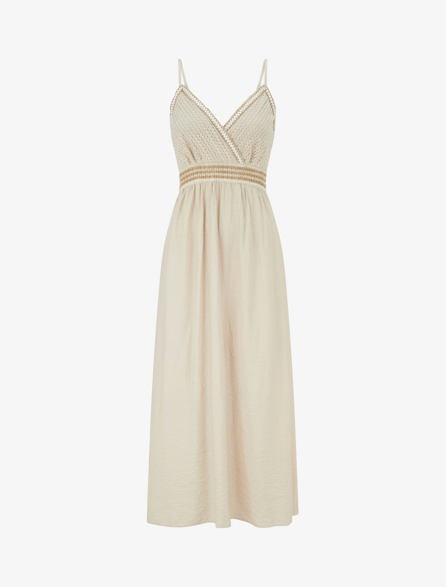 Robe longue uni à buste brodé - Beige - 1
