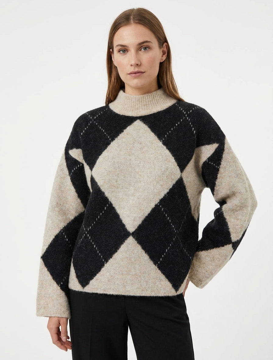 Pullover aus Wollmischung mit Rautenmuster - Beige