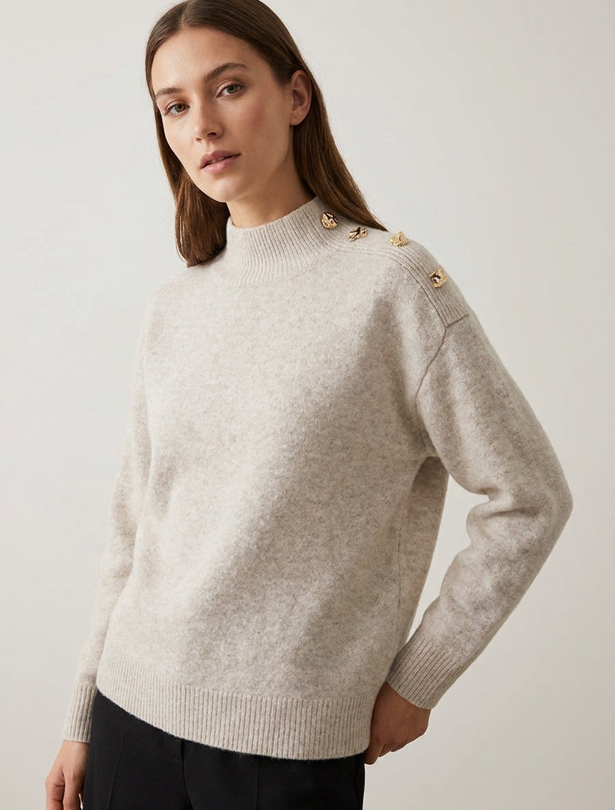 Pullover aus Wollmischung mit Zierknöpfen - Beige