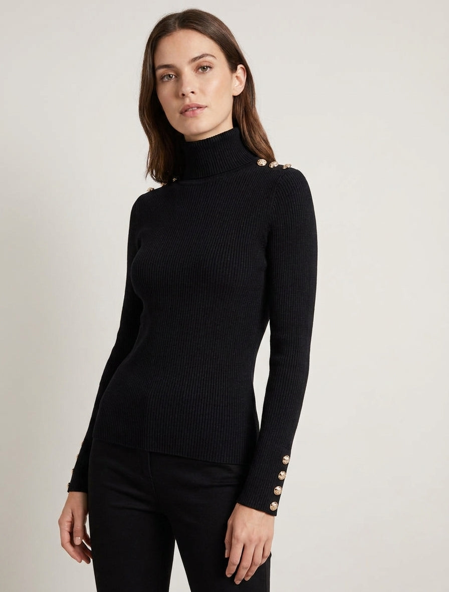 Glitzernder Rollkragenpullover aus geripptem Strick. - Schwarz
