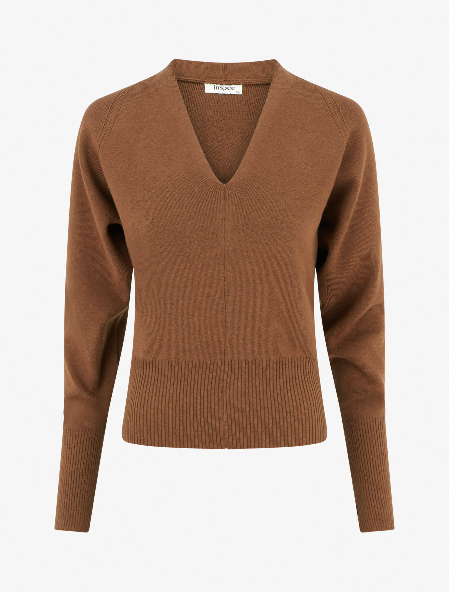 Pull uni à col V - Camel - 1