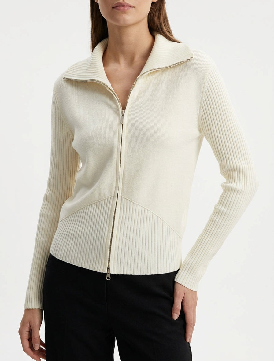 Reißverschluss-Strickweste - Creme