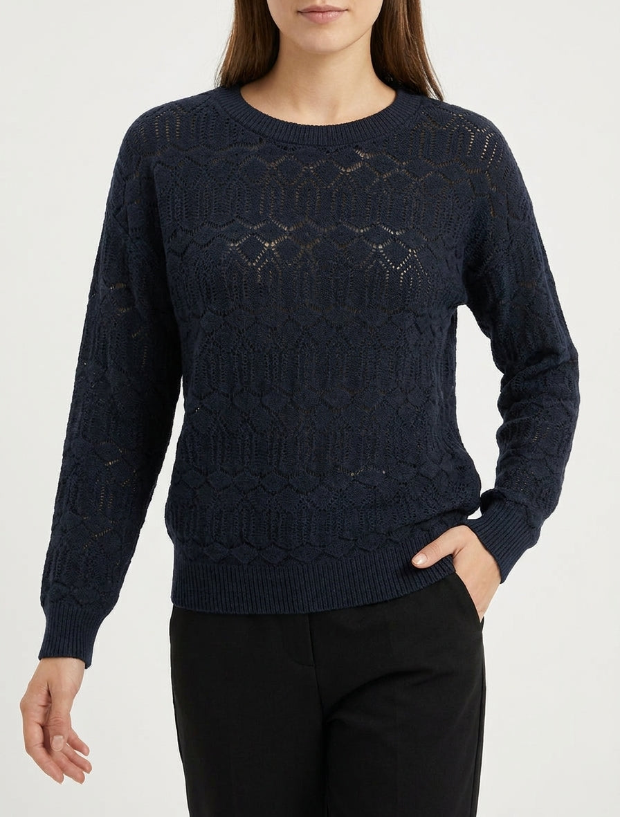 Einfarbiger, durchbrochener Pullover mit Rundhalsausschnitt - Mitternachtsblau