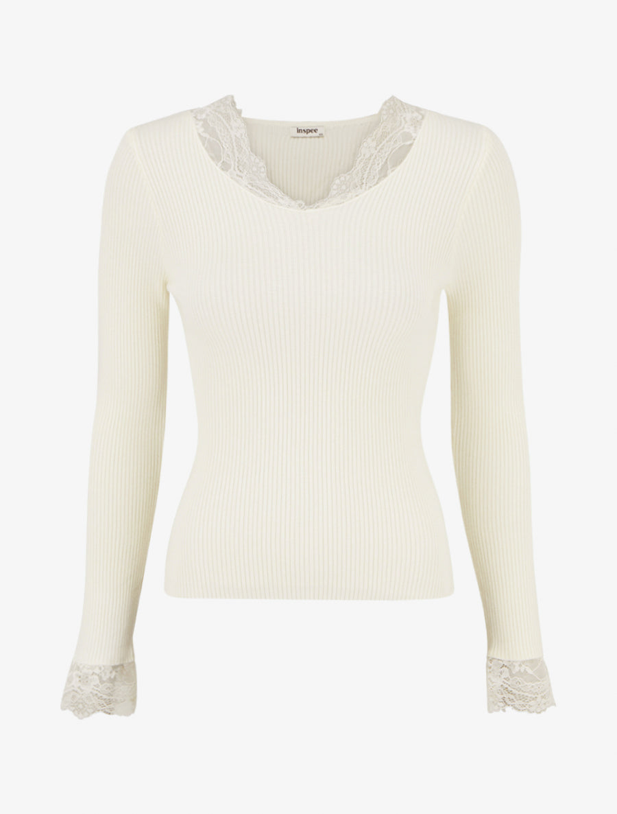 Pull côtelé à col en dentelle - Crème - 1