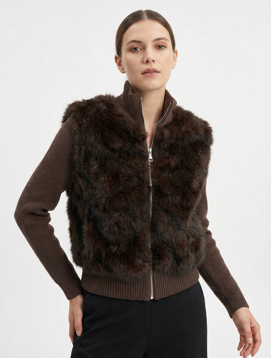 Gerippte Jacke mit Kunstfelleinsatz - Braun
