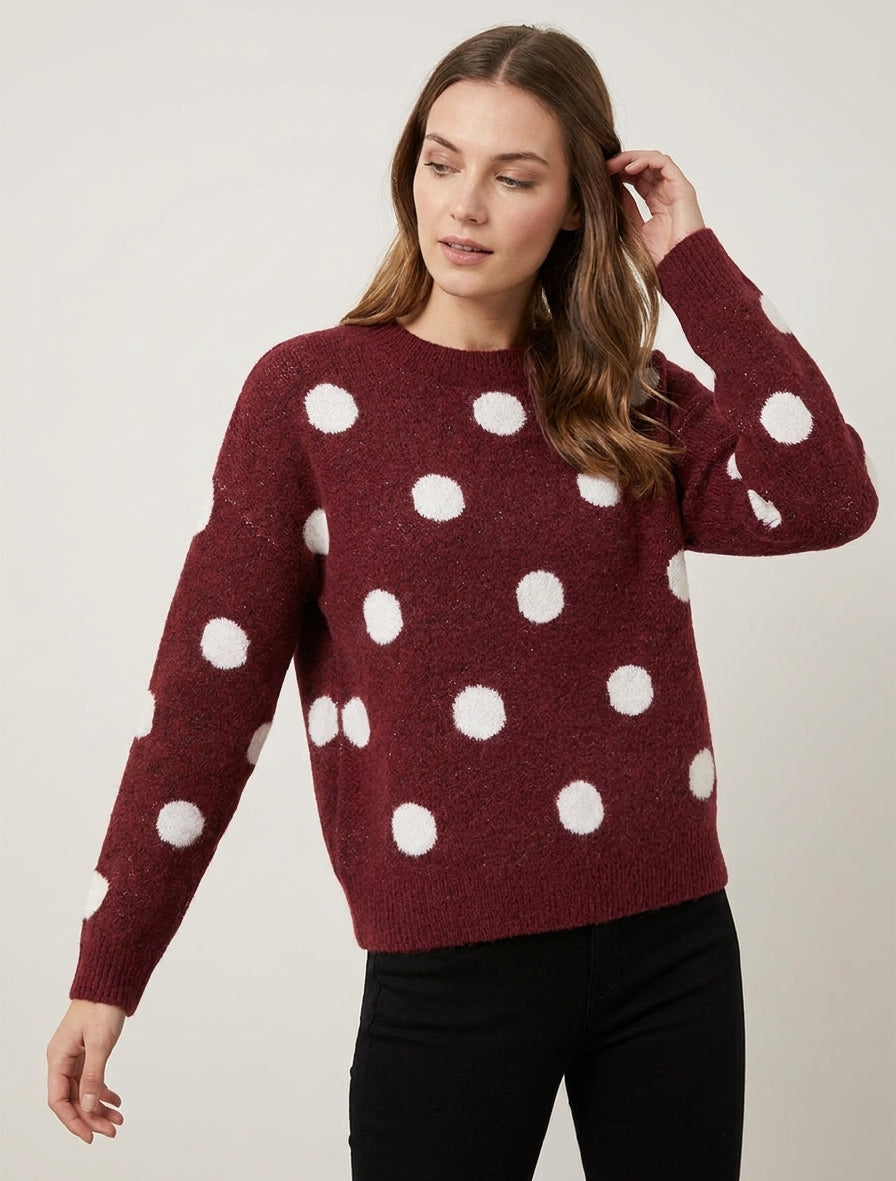 Gestrickter Pullover mit Punkten - Bordeaux