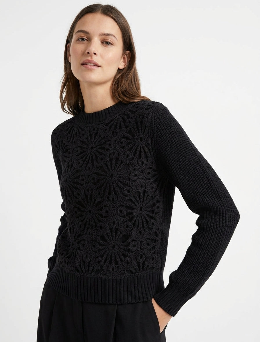 Makramee-Baumwollpullover im floralen Stil - Schwarz