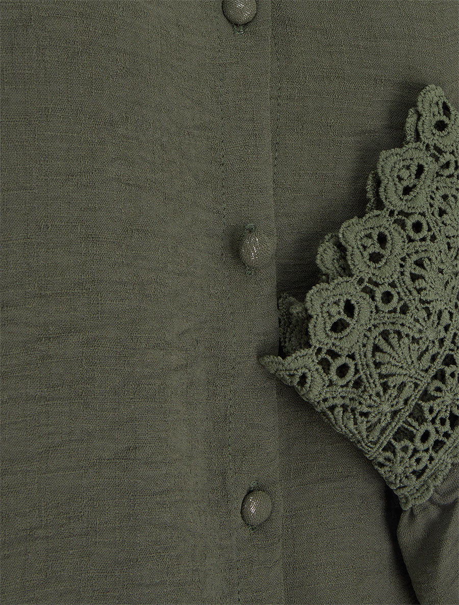 Blouse fluide col mao en dentelle - Kaki - 3