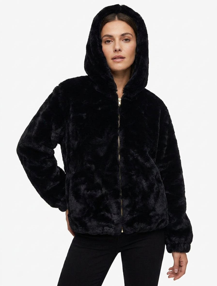 Reißverschlussjacke aus Kunstfell - Schwarz