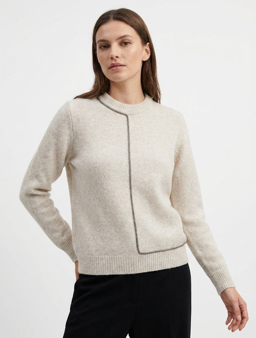 Pullover aus Wollmischung mit Rundhalsausschnitt und kontrastierendem Besatz - Beige