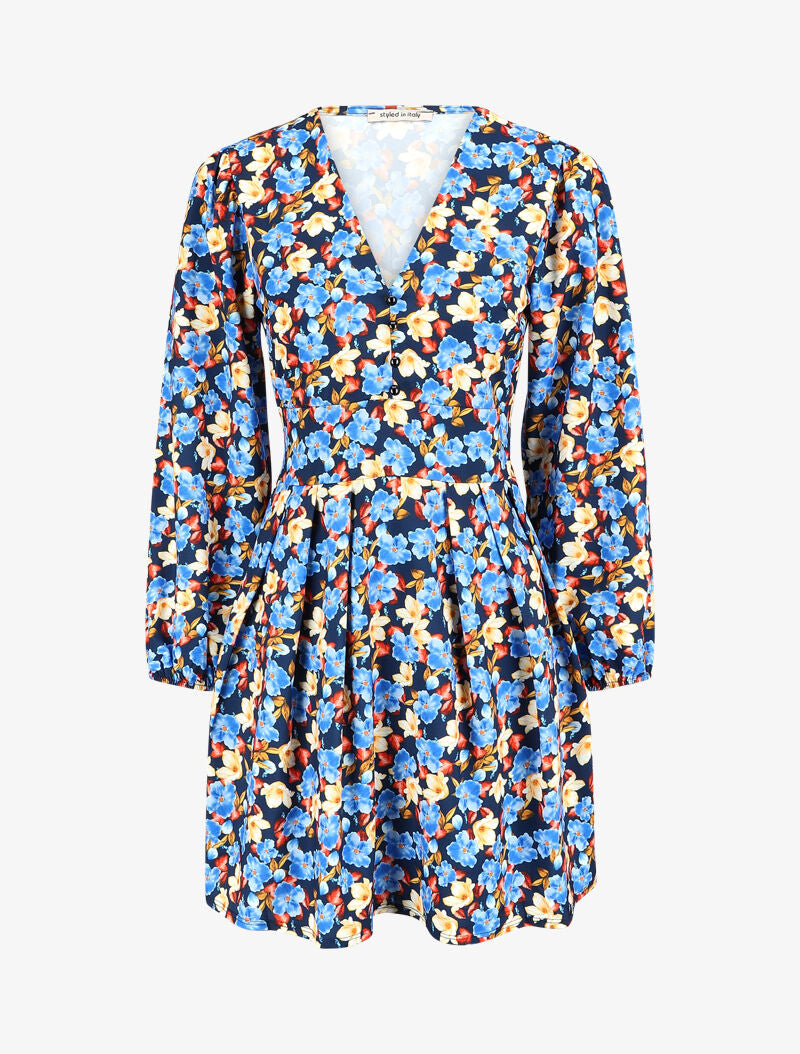 Robe col V à motif à fleurs - Bleu marine - 1