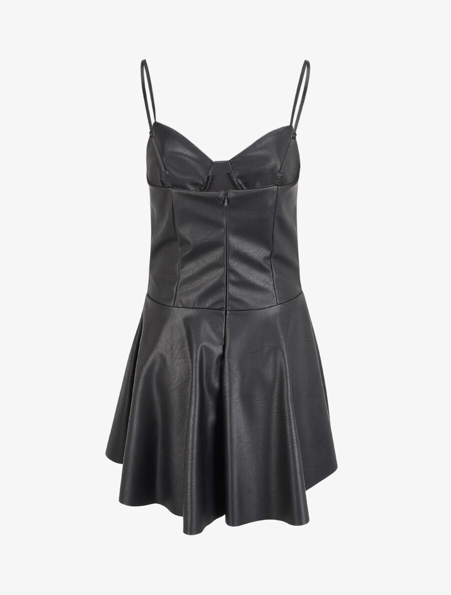 Robe volantée en simili à fines bretelles - Noir - 2