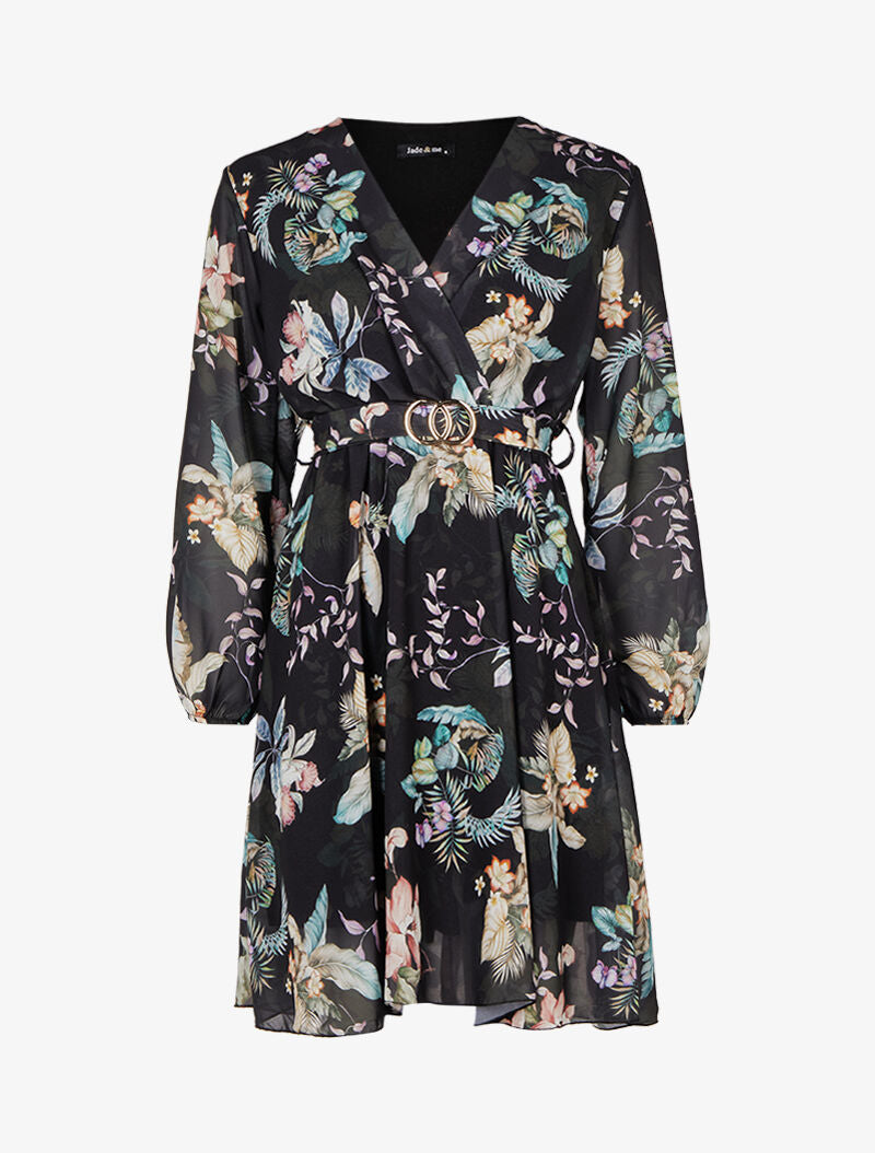 Robe en voile à imprimé fleuri et col cache-coeur - Noir - 3
