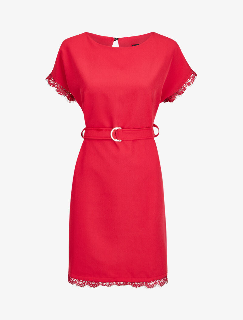 Robe droite à détails dentelle - Rouge - 4