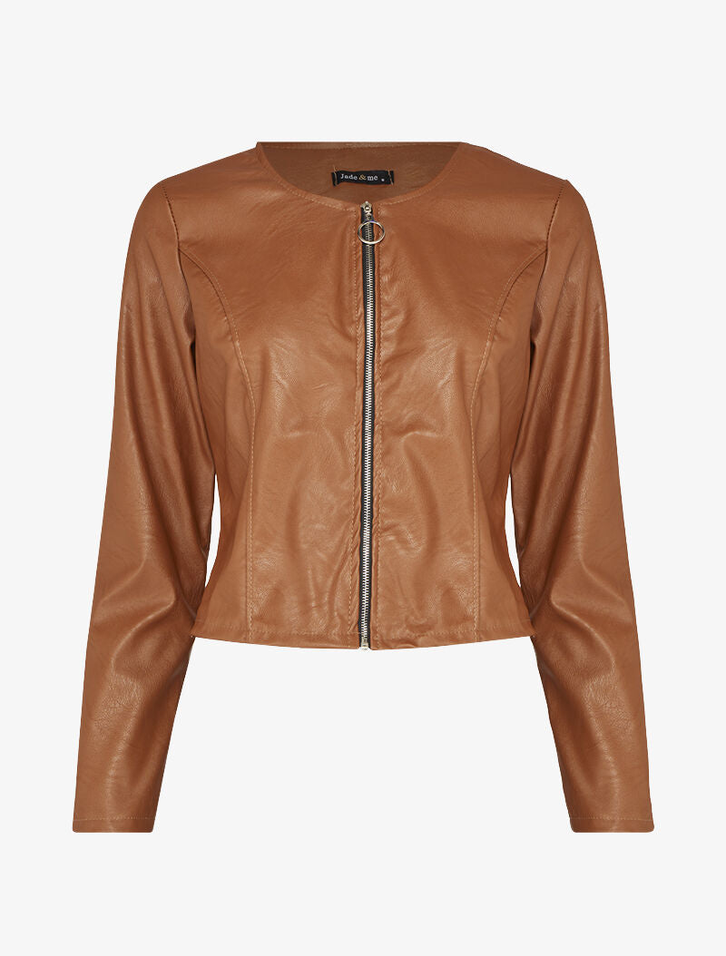 Veste courte en simili ajustée - Marron - 3