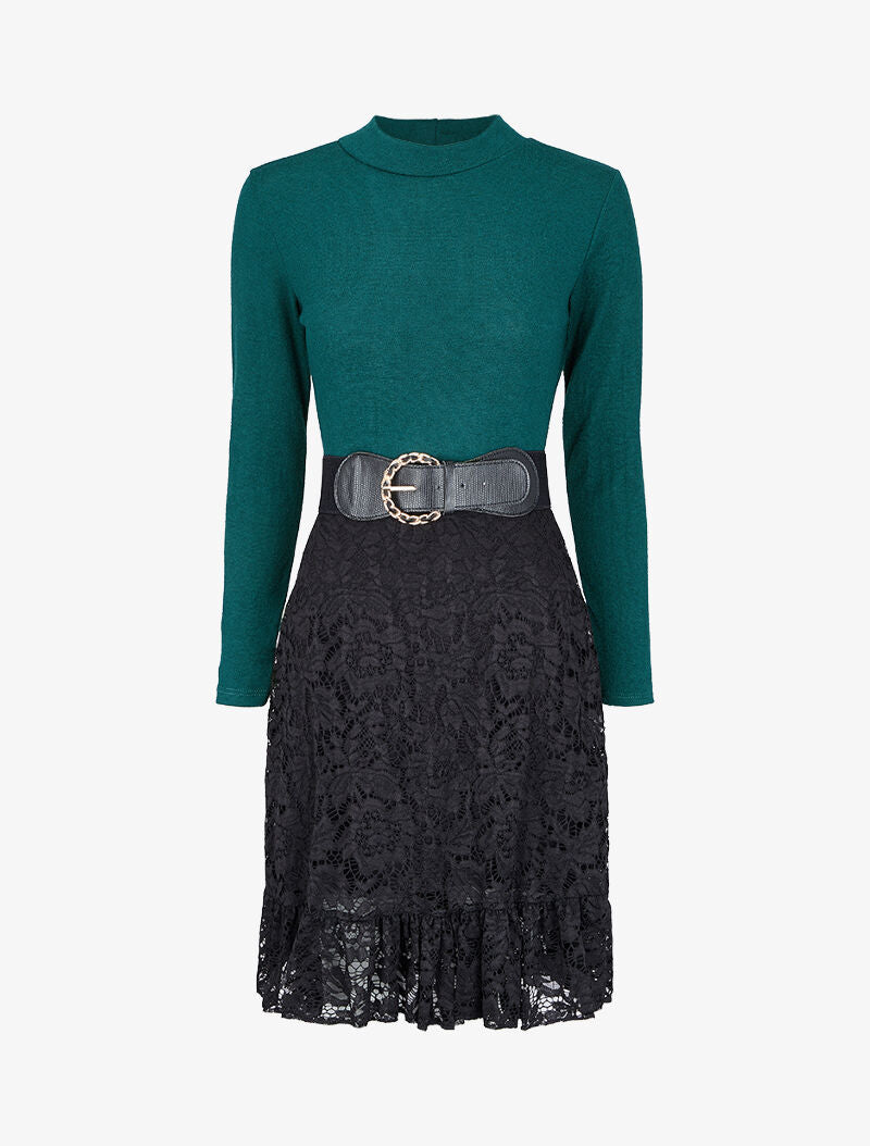 Robe pull en maille fine et dentelle - Vert - 1