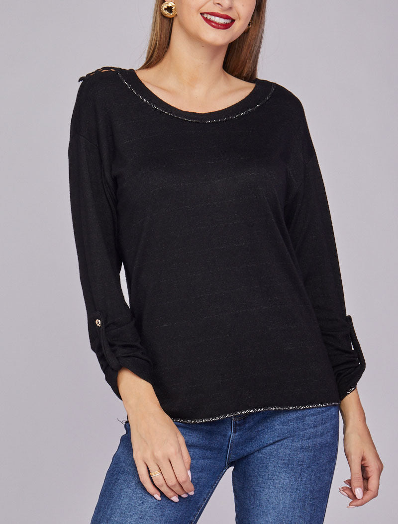 Pull à dos long en crochet - Noir - 6
